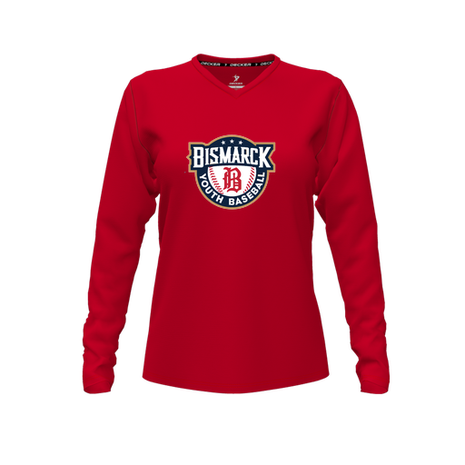 [CUS-DFW-TEES-CMF-VNK-LSL-RED-FYXS-LOGO3] Decker Comfort T-Shirt (Female Youth XS, Red, V Neck, Logo 3, Long Sleeve)